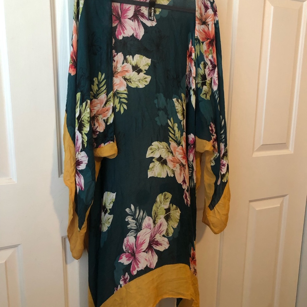 Express Floral Long Sleeve Cover- Up Green and Yellow